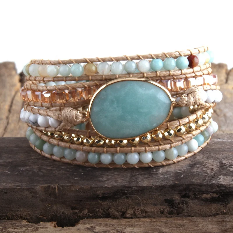 

New Fashion Boho Bracelet Blue Natural Stones Grass Amazonite Charm 5 Strands Woven Wrap Bracelets Gift