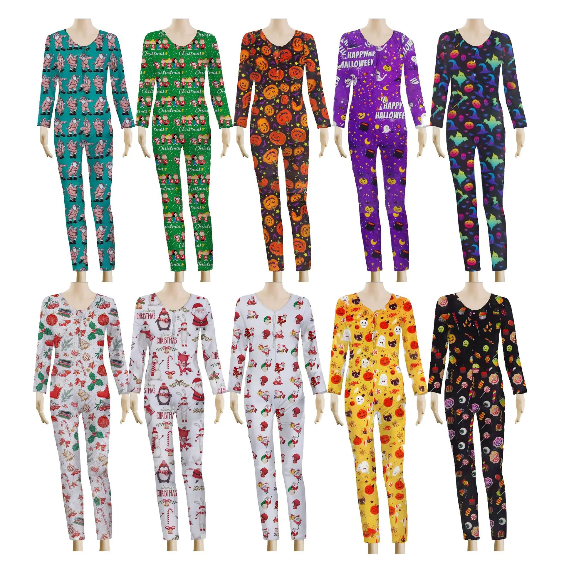 

Halloween Christmas printed Onesie Fall and winter Pajamas Deep V night club women