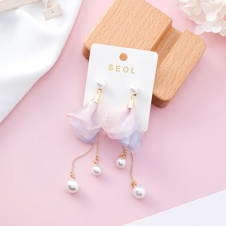 

Korean Sweet Colorful Tassel Drop Earrings Temperament Long Flower Earrings Girls Pearl Tassel Earrings, Silver