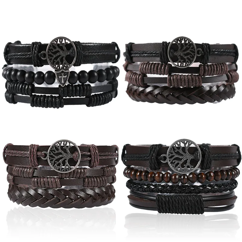 

Vintage Bohemian Handmade Braided Wrap Multilayer Leather Bracelet Set for Men Tree Of Life Wristbands Bangles (KB8346), As picture