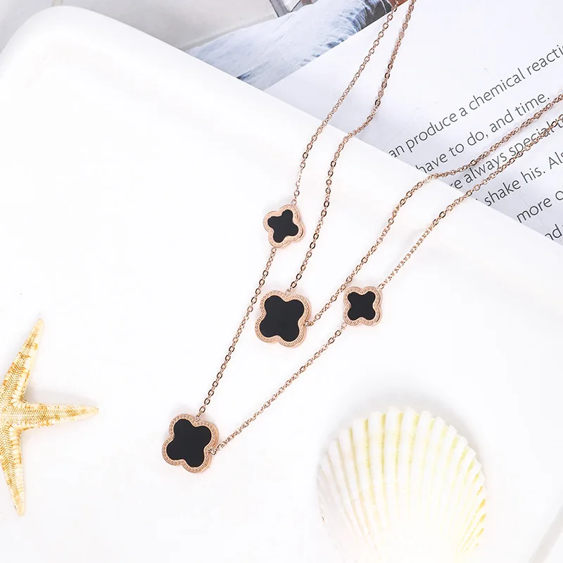 

High quality classic fashion layered black clover necklace jewelry stainless steel four leaf clover necklace for women