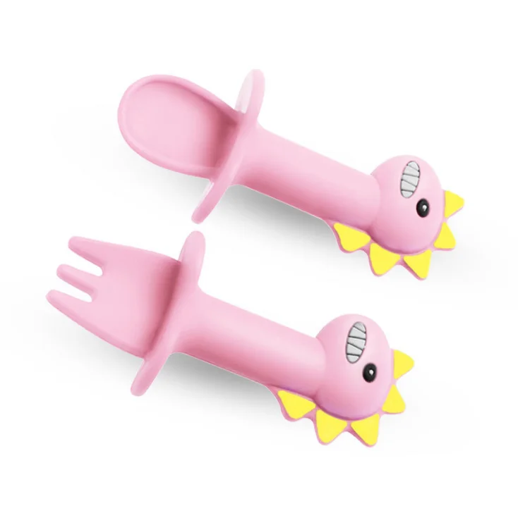 

Amazon Hot Sale Non Toxic Training Children's Dinosaur Baby Silicone Fork And Spoon Sets, Green/pink