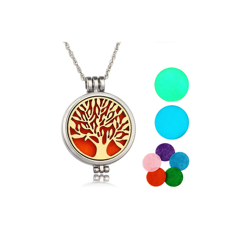 

Glowing Essential Oil Diffuser Necklace Hollow Tree of life Locket Pendant Aromatherapy Diffuser Necklace with 5 Refill Pads