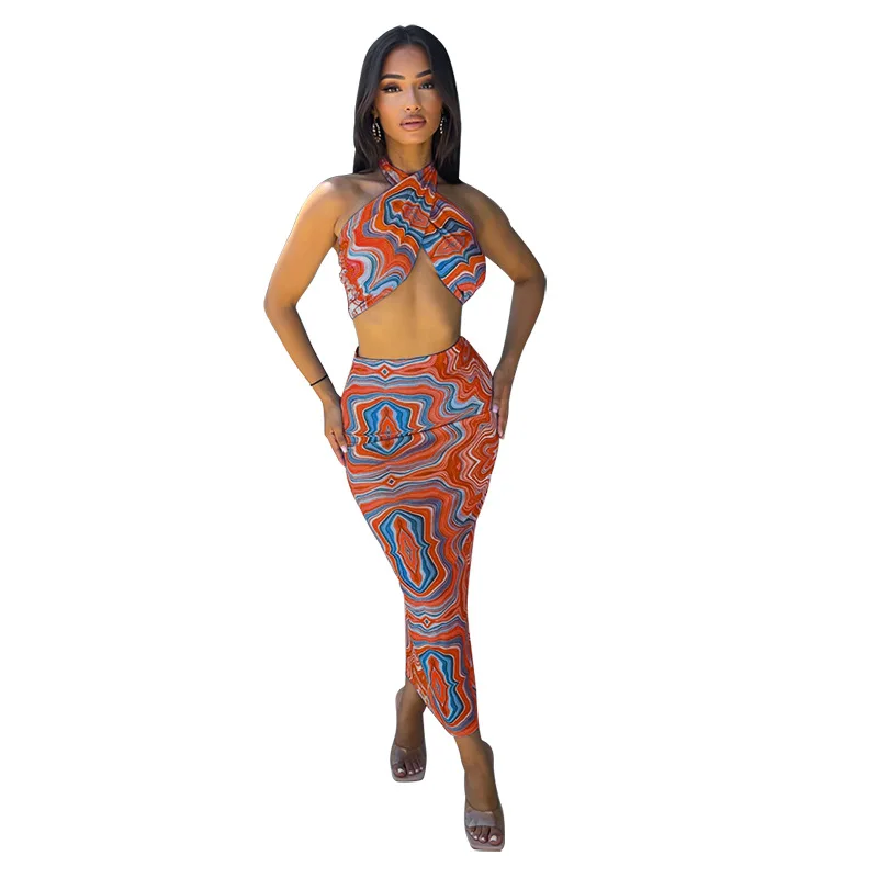 

10620-MX30 halter cross digital print two piece dress set women sehe fashion