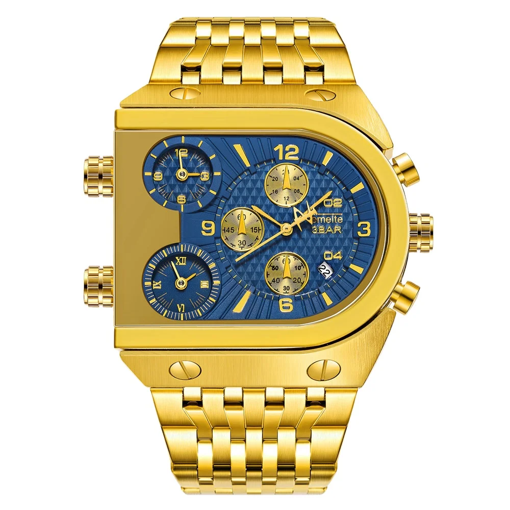 

TEMEITE Quartz Mens Watches Top Brand Luxury Golden Clock 3 Time Zone Date Stainless Steel Strap Military Oversize Wristwatch