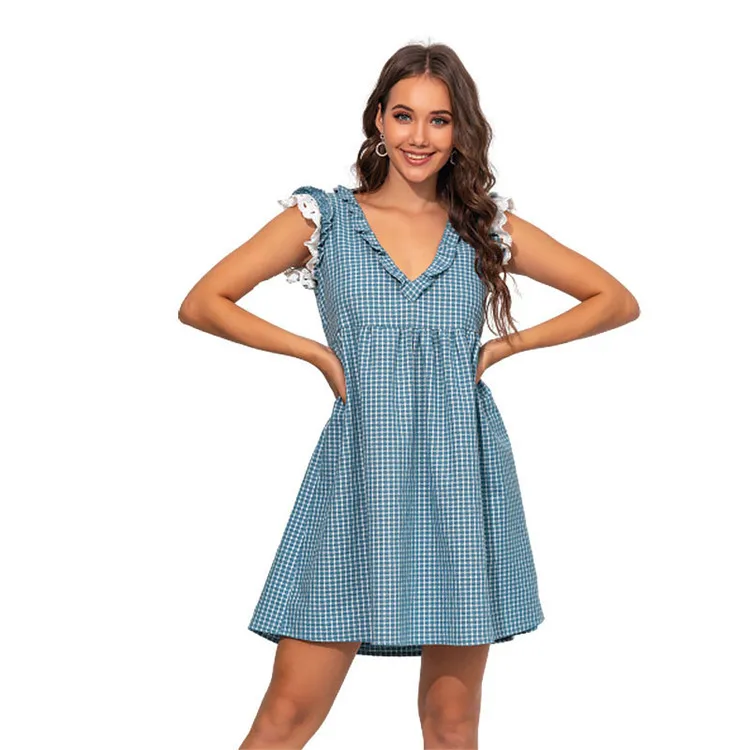 

2020 thin denim print dress new polka dot ruffled midi skirt V neck women dress