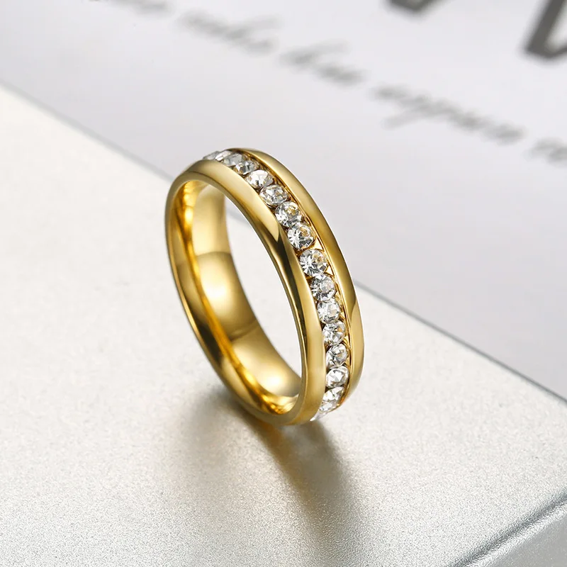 

Luxury 18K Gold Plated Titanium Steel Diamond Wedding Rings Bling Bling Cubic Zircon Engagement Rings For Women