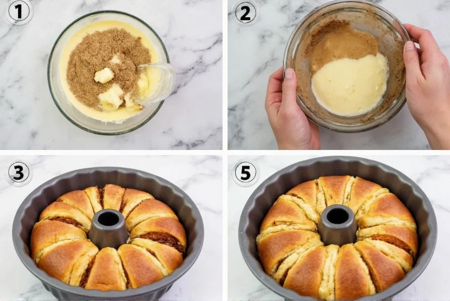 Step-by-step preparation of Pillsbury cinnamon roll monkey bread showing cut rolls in bundt pan with butter and sugar mixture