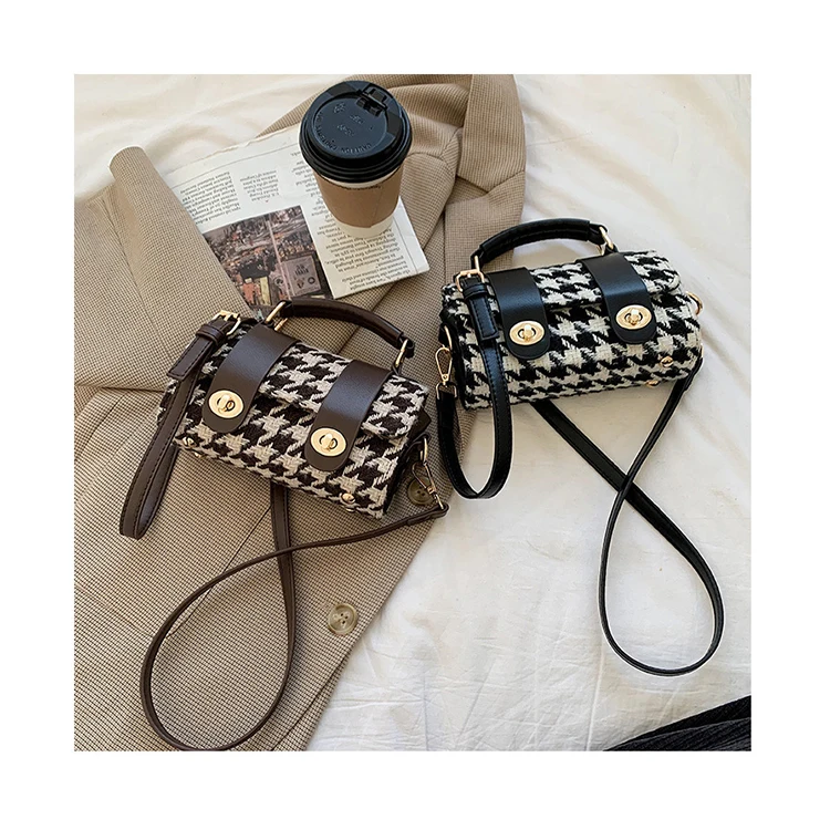 

Retro Pillow Bag Wild Ins Houndstooth Crossbody Cylinder Bags Leisure Textured Boston Handbags For Women Shhoulder Purses Totes