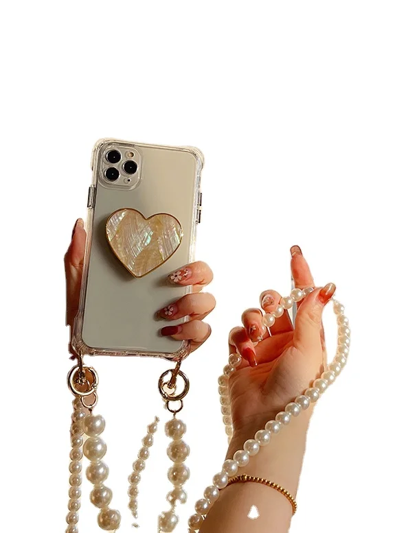 

Crystal clear pearl chain designer 3d clear love phone case for iphone x xr xs max 11 12 13 pro max phone case love heart, Special design