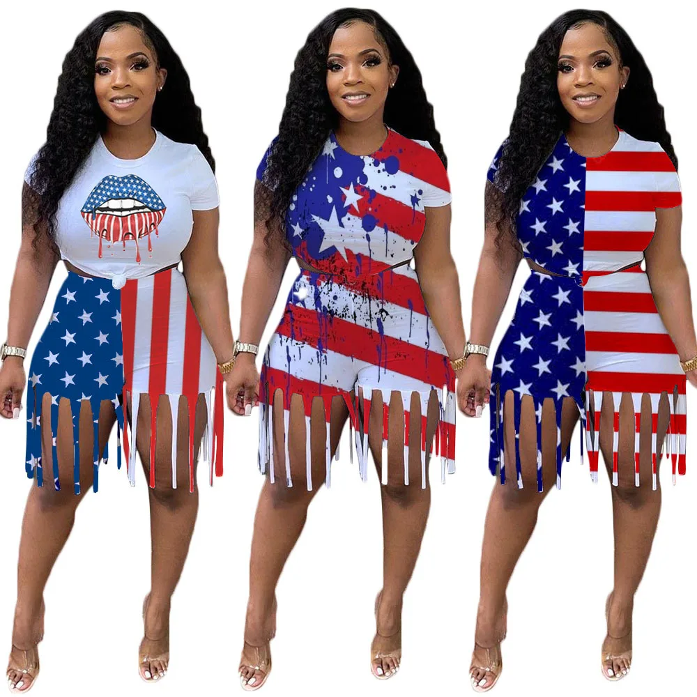 

Newest Design Casual Loose Independence Day pantsuit with short tassel with flag print short sets women two piece summer, As picture or customized make