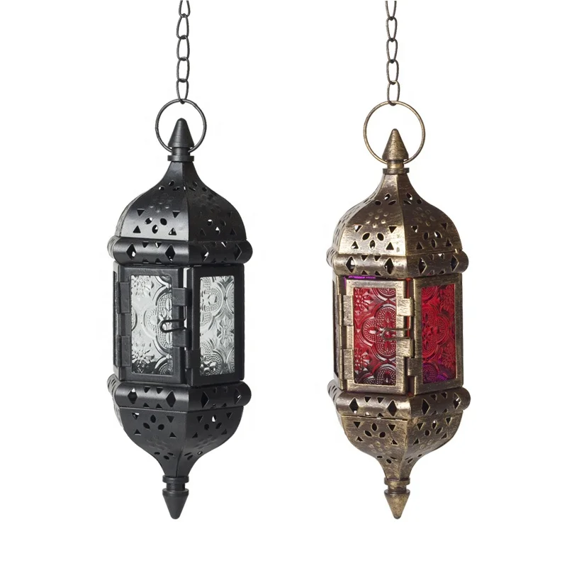 

Moroccan Antique Metal Hanging Candle Holder For Gifts Decorative Lanterns With Colored Glass For Home Decor