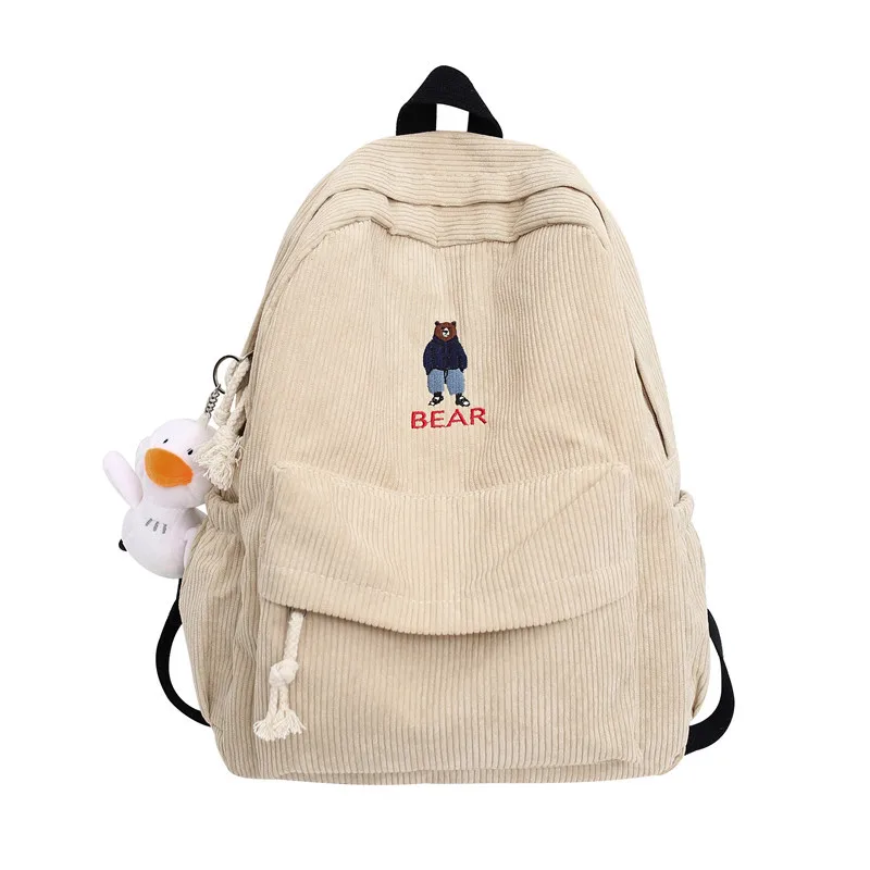 

Wholesale Product Vintage Cute Cartoon Embroidery Bear Corduroy Shoulder Student Casual Backpack for boys and girls