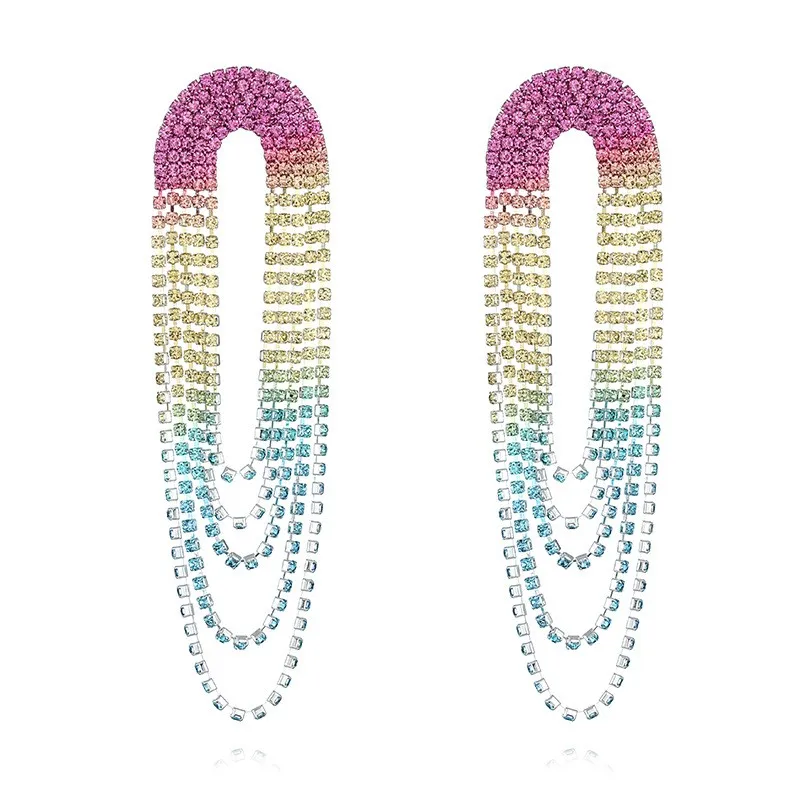 

2022 Fashion Trend Large Big Tassel Zircon Hoop Gradient Color Ombre Rhinestone Long Fringe Large Earrings, Colorful