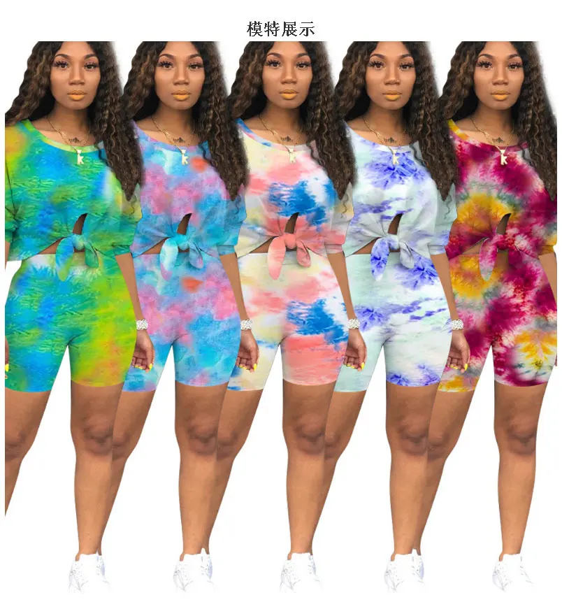 

2021 popular leisure sports tie-dye printing suit women women's round neck two-piece suit