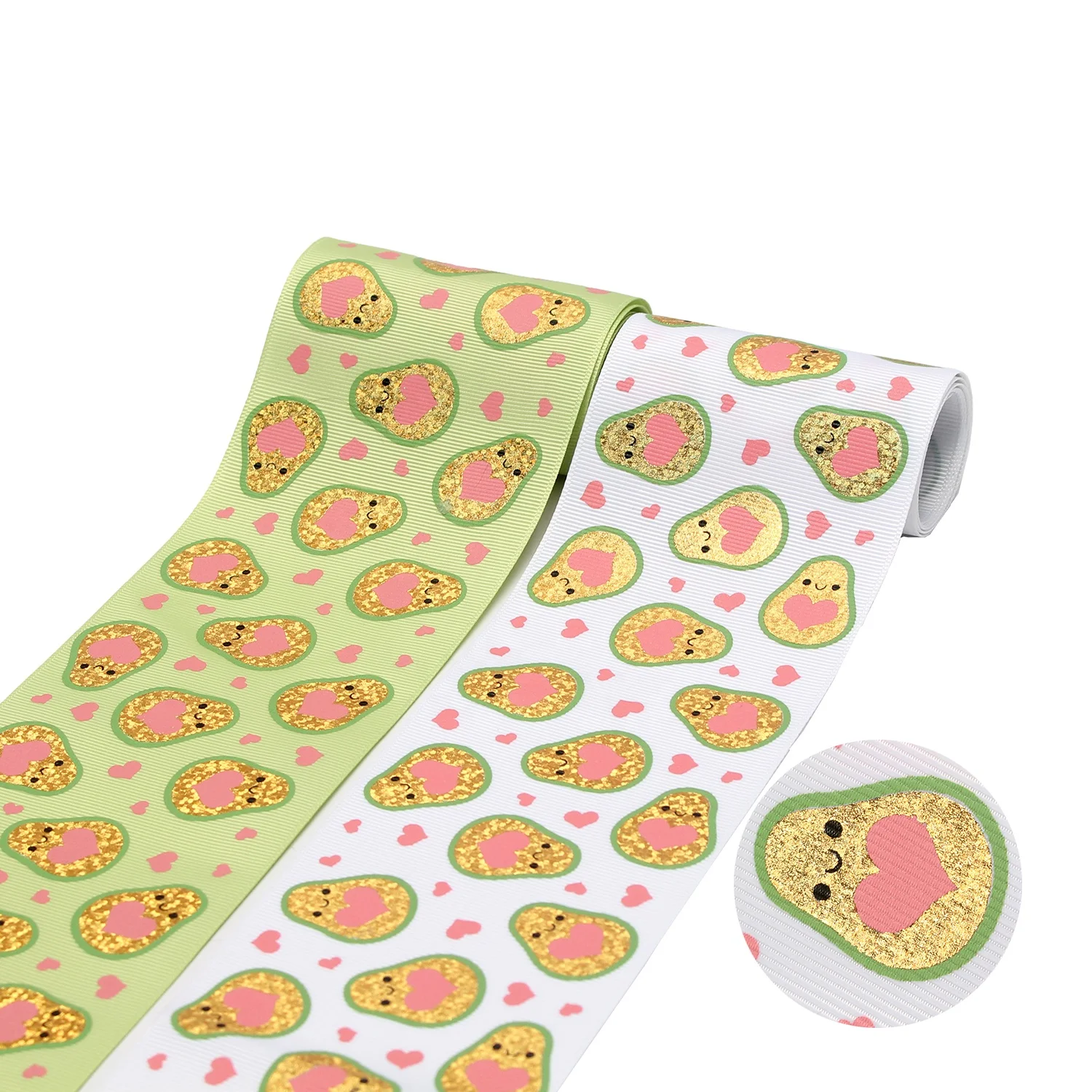 

3" 50 Yards Stock Sale 3c Screen Ink Avocado Print Hair Bow Gold Hologram Ribbon
