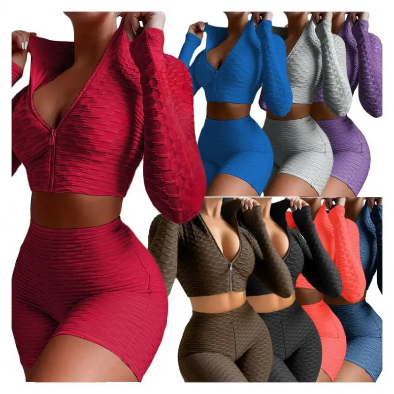 

Hot selling women clothing jacquard tight fitness yoga 2 two piece set zipper long sleeve top and shorts Casual short set women, 8 colors