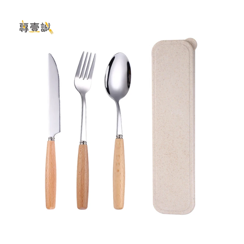

Stainless Steel Wooden Handle Spoon Fork Knife Metal Travel Cutlery Set With Case