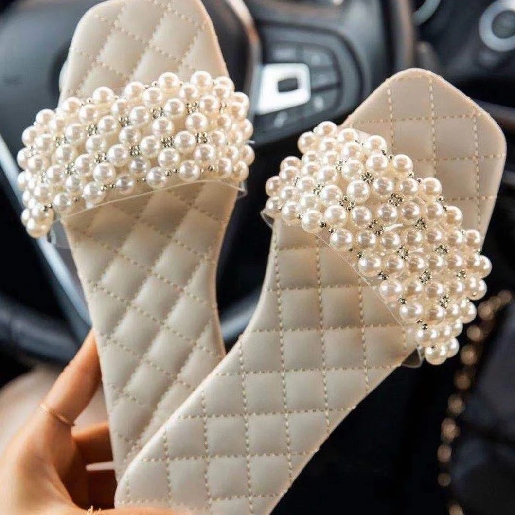 

Factory Sale Daily Indoor Casual 2021 Women Trendy Shoes Set Foot Beaded Rhinestone Solid Color Anti-Slippery Flat Slipper Adult