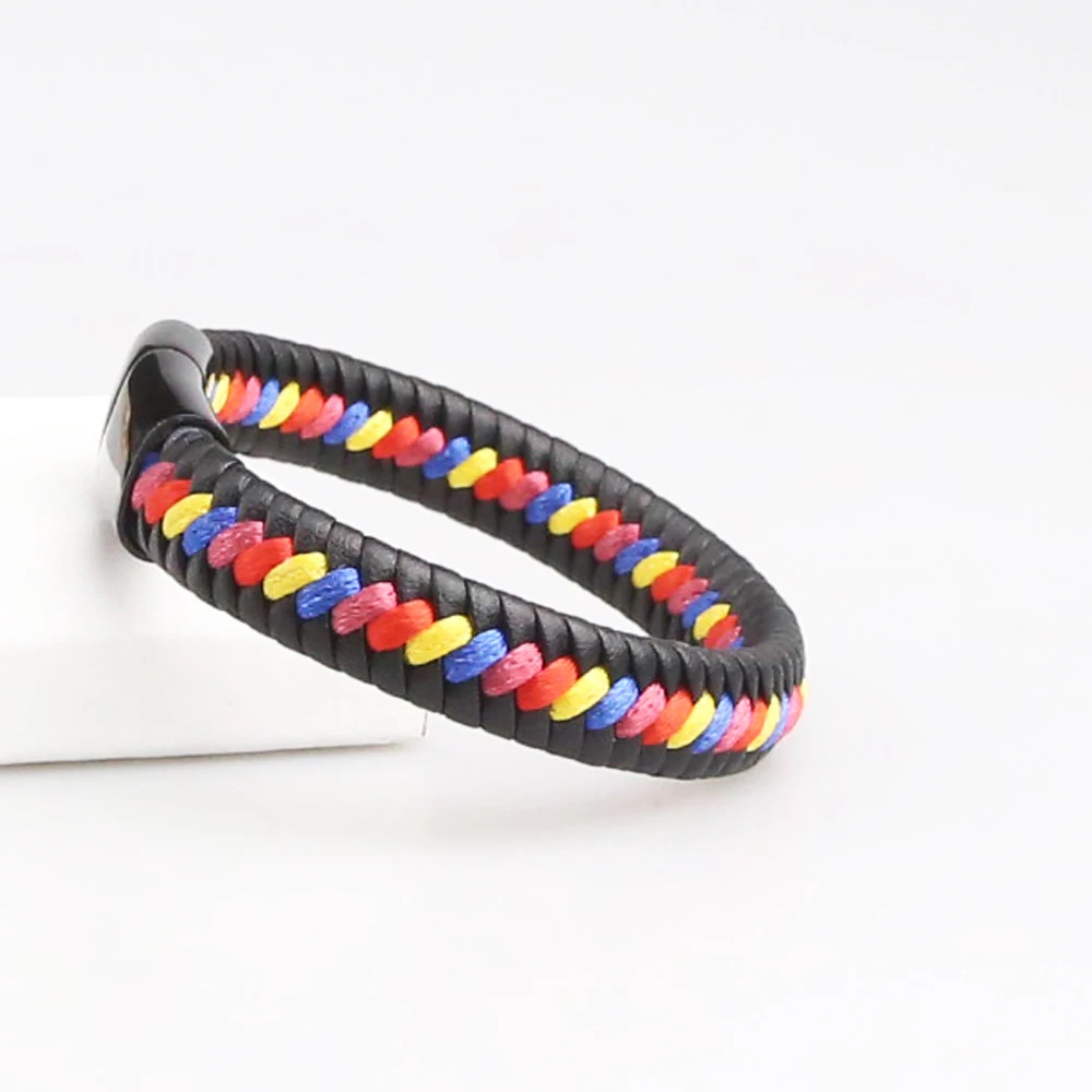 

Steel Men's Braided Genuine Leather Cord & Rainbow Rattail Nylon Bracelet with Magnetic Closure
