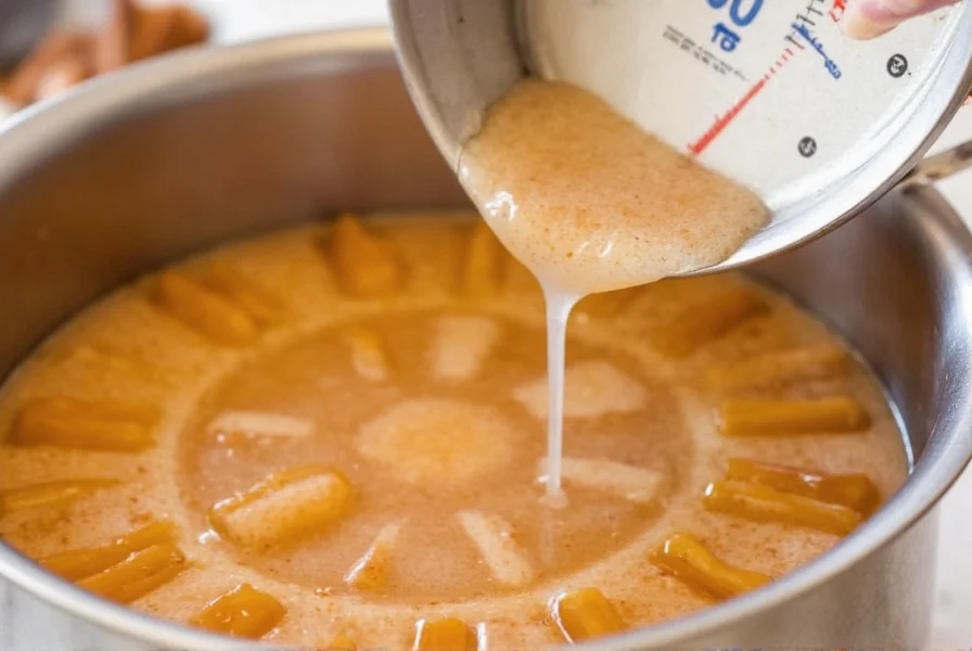 Homemade cinnamon hard candy being poured into molds with sugar thermometer showing 300 degrees