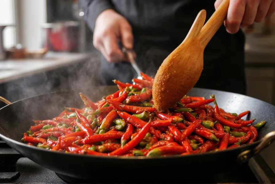 Traditional Chinese chef preparing Sichuan dish with jueyun chilies in wok