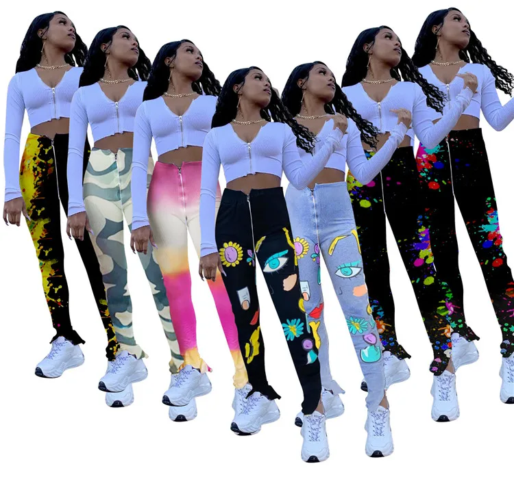 

2020 Women Cute Yoga Pants High Waist Trousers Stretchy Joggers Sexy Split Bottom Women Stripe Ribbed Sweat Flare Pants