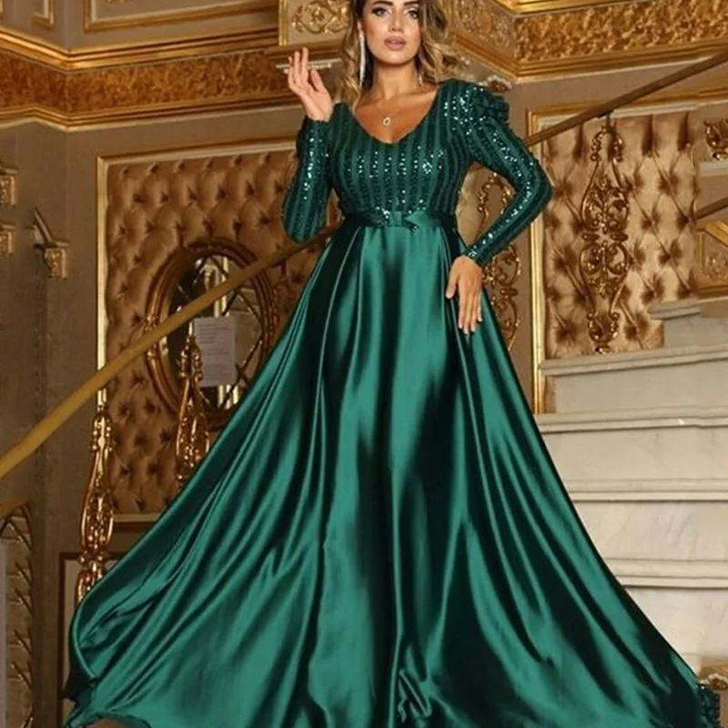 

ZC00367 2021 autumn women's deep V big swing sexy long skirt sequin tail banquet evening dress birthday party dress