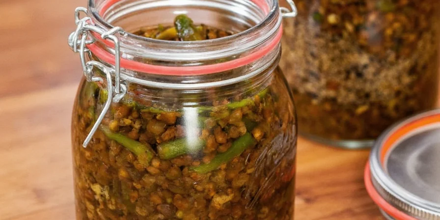 Old-fashioned pepper relish in a glass jar on a wooden table