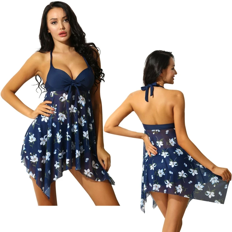 

Low Price Halter Floral Print Mesh Swimdress with Swimsuit Shorts Bathing Suit Women Tankini Swimdress