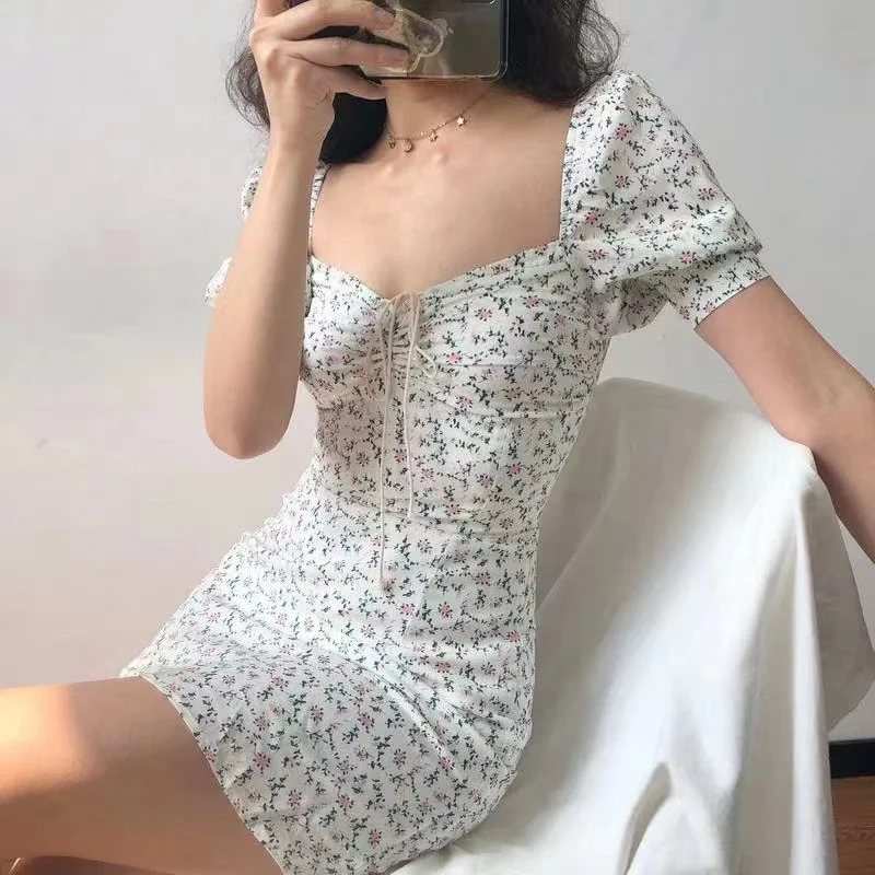 

Vintage Square Neck Lace Up Bubble Sleeve Ladies Shirt Floral Printing Chiffon Dress