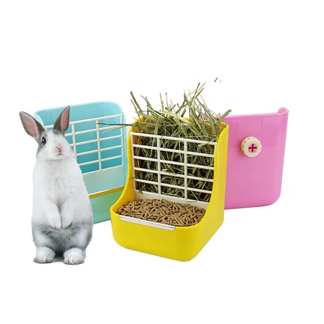 

Rabbit Supplies 2 In 1 Grass Frame Hanging Hay Feeder Large Capacity Hamster Bowl Feeder Rabbit Hay Box, Yellow, pink, blue