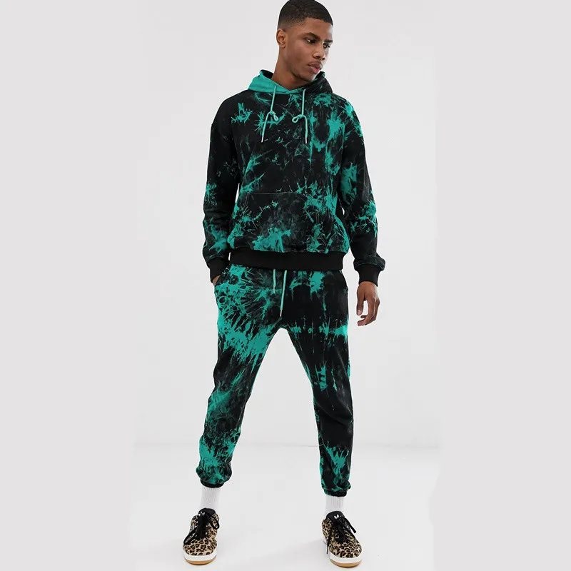 

Men's Long Sleeve Jogging Suit Tie Dye Shirt Hoodies Joggers 2 Piece Sets Fitness Outfits Tracksuits Men Sweatsuit Set, White, red, green