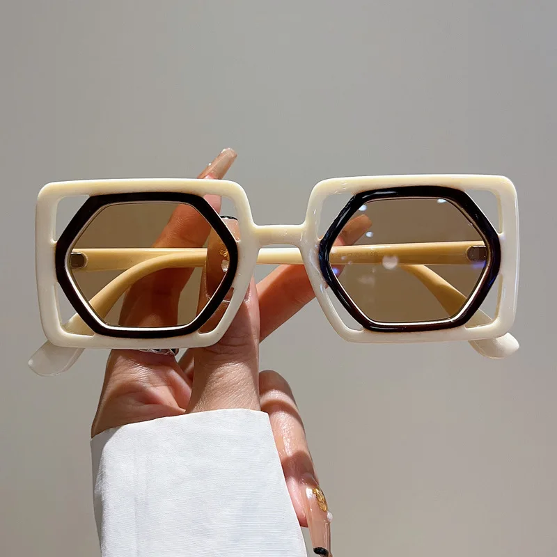 

9199Steampunk unique design big square hollow frame hexagonal lens sunglasses wholesale