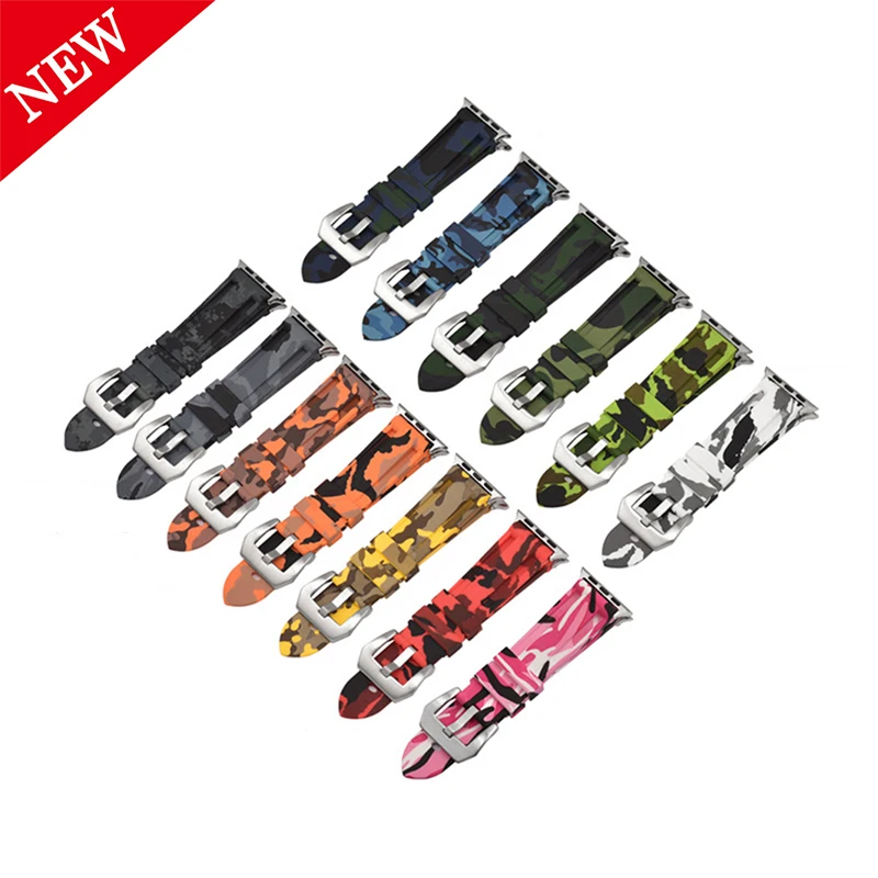 

Camouflage Clasical Buckle For Apple 38mm 40mm 42mm 44mm silicone Pattern Rubber Watchstrap 20mm Watch Bands, Optional