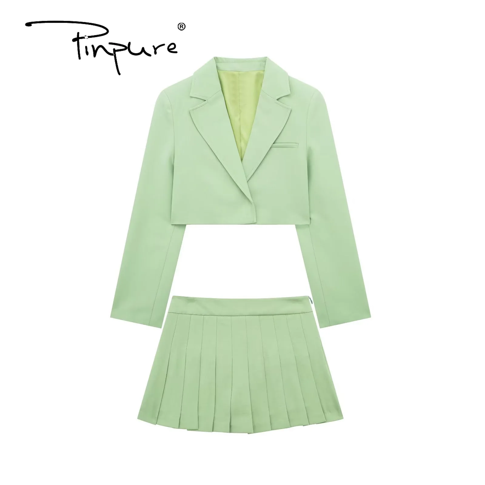 

R30150S 2023 Spring Summer Women Fashion Casual Solid Color Short Blazer Coat + High Waist Pleated Skirts Sets Female