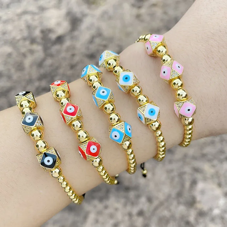 

BM1093 18k Gold Plated Beaded Enamel Evil Eyes Dodecahedron Shape Bead Macrame Adjustable Bracelets, As photo