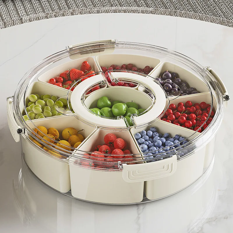 Round Divided Serving Tray With Lid and Handle Portable Snack 9 Compartment Fresh Keeping Food Storage Snack Box Container