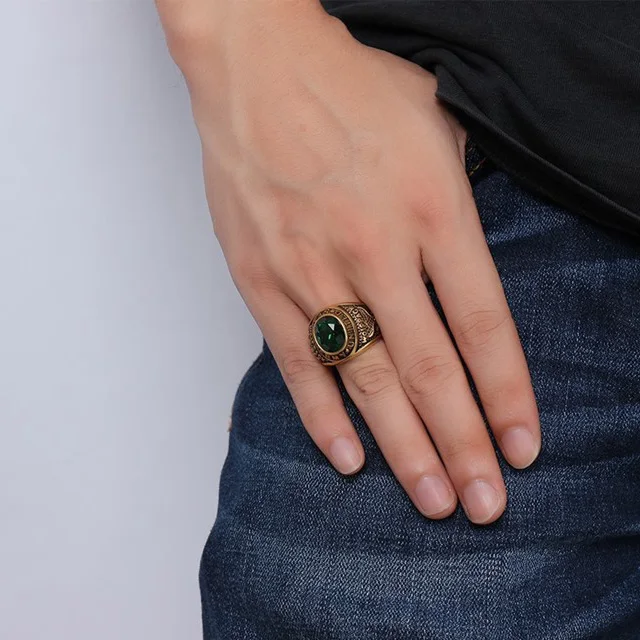 Stainless Steel Men Restore Gold Wolf Military Jewelry Natural Stone