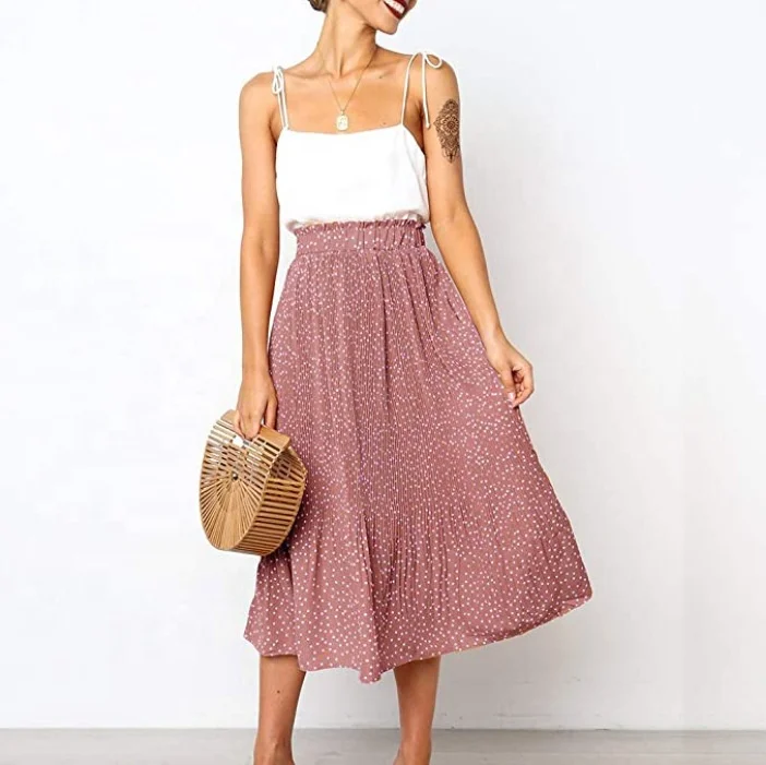 

2021 new ladies high waist round dot pleated skirt MIDI MAXI pocket swing skirt