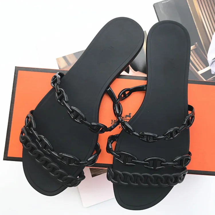 

Wholesale Flat Jelly Chain Sandals H Brand-Name Fashion Chain Detail Designed Hot Summer Slippers women's sandals low heel, Black