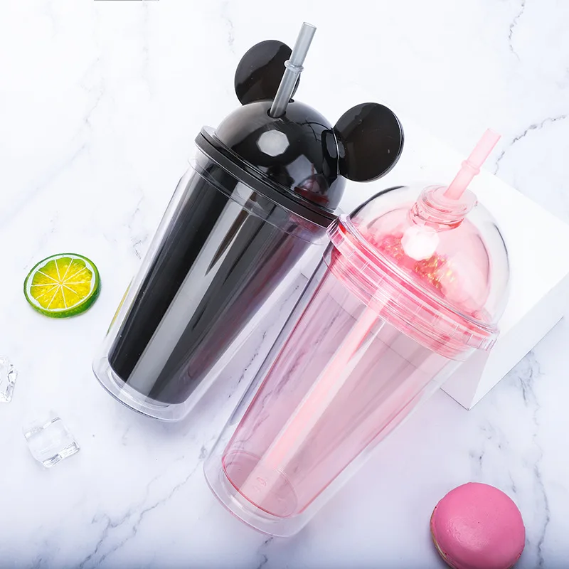 

2021 new summer cute cartoon clear plastic straw cup double wall bpa free acrylic mickey mouse tumbler with lids, Color as pictures