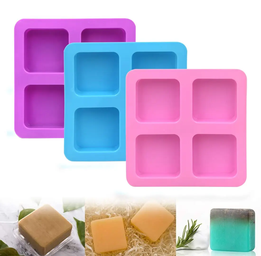

Non Stick 4 Cavity Square Mold Silicone Soap Craft DIY Making 3D Homemade Soap Molds Baking Tools, Purple,pink,blue