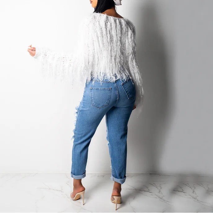 
fashion fringed clothing crop top shaggy sweater fringe mink sweater 
