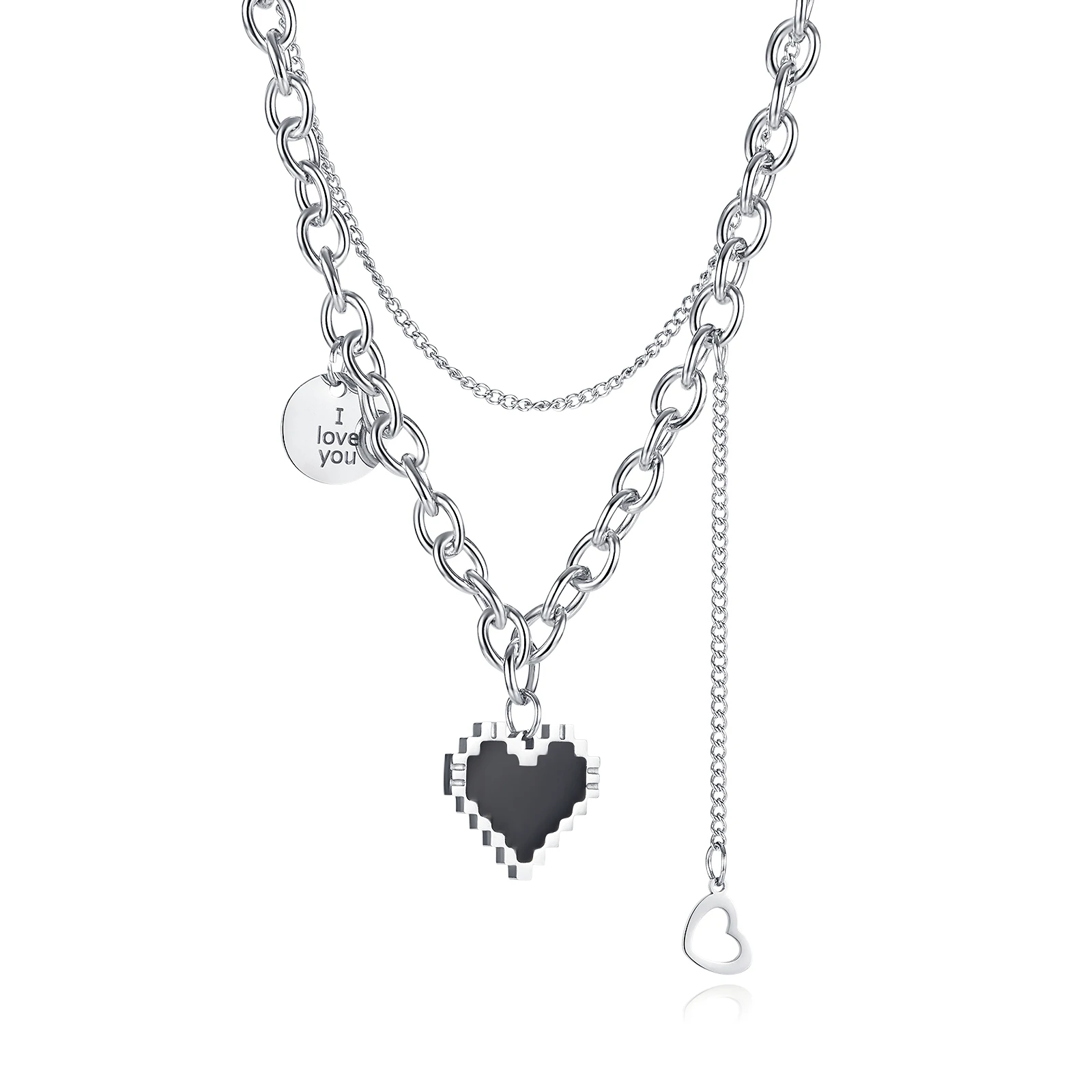

Personality Hip Hop Stainless Steel Jewelry Double Layered Irregular Heart Pendant Necklace Women