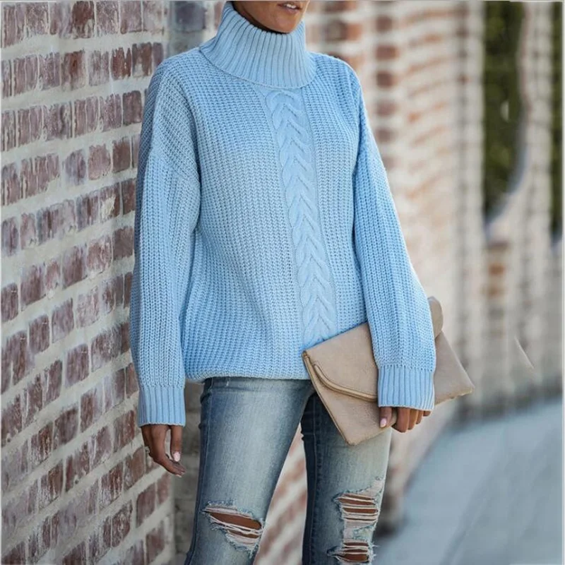 

2020 New Fashion Women's Loose Knitwear Turtleneck Lazy Style Braid Pattern Warm Knitted Tops Solid Color Women Sweater Pullover, Solid color as shown