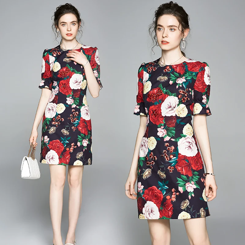 

European Style 2021 Fashion High End Graceful Peony Print O Neck Chinese Clothing Manufacturers Elegant Summer Dresses For Women, Picture color