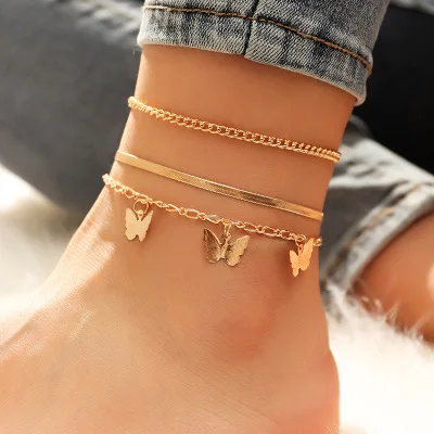 

Boho High Quality Footwear Jewelry 18K Gold Plating 3Pcs Set Butterfly Link Chain Anklet Multilayers Butterfly Ankle Bracelet