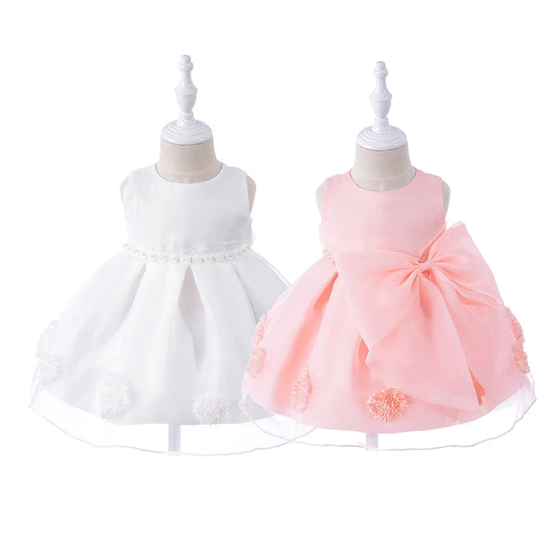 

Hot Sale White Costume Baptism Dresses With Bow Birthday Party Girl Wedding Lace Princess Baby Dress