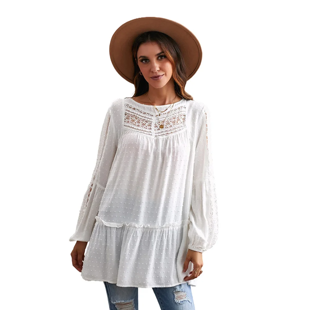 

Spring and Autumn Lantern Sleeve Round Neck Solid Color Women's Temperament Commuter Pullover Long Sleeve Lace Chiffon Shirt